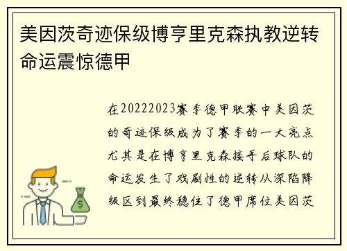 美因茨奇迹保级博亨里克森执教逆转命运震惊德甲